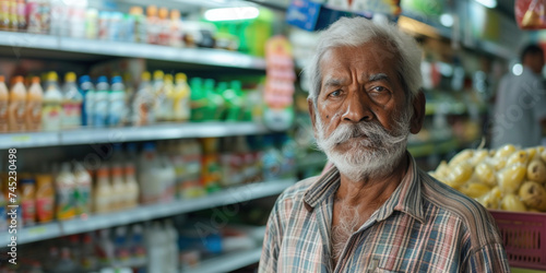 Indian senior retired serious man in supermarket looking on prices. Poor sections of society lower class. Crisis and price increase concept. Impact of price hike, cost of living, inflation