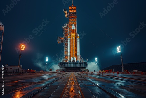 As the street lights illuminate the night sky, a towering space shuttle stands ready on the launch pad, a symbol of electricity and progress amidst the winter cityscape of skyscrapers and landmarks