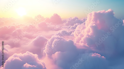 Aerial view above clouds at sunset. Top view above clouds.