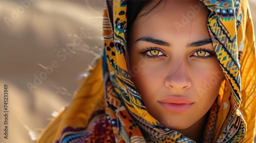 Face model of a veiled Arab woman with beautiful eyes in the desert AI generated image