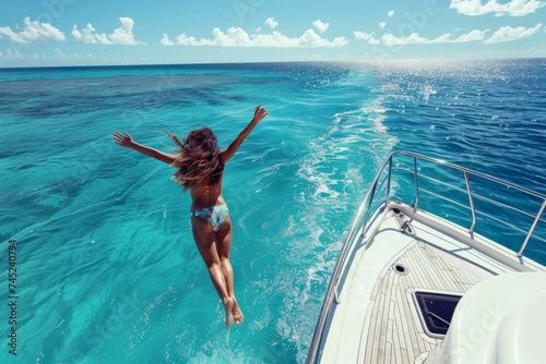 Teenage Girl Leaping into the Turquoise Waters of the Caribbean Sea from a Yacht on a Sunny Day