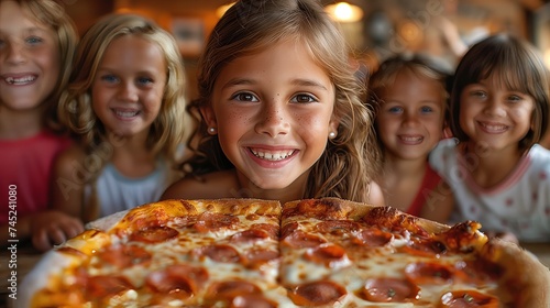 a group of young girls are standing around a pizza