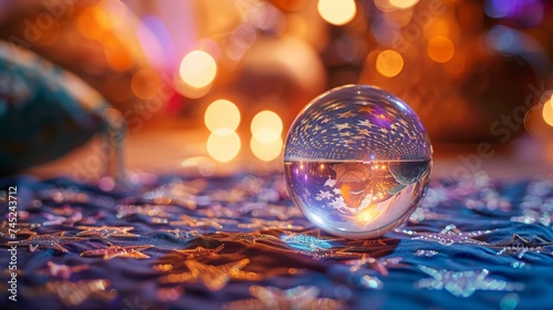 Detailed view of a crystal ball on a dark, star-patterned cloth, with a fortune tellers silhouette blurred in the background