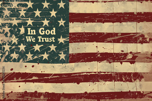 Worn American flag background with stars and "In God We Trust" text