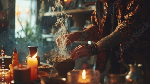 Young man preparing a potion by candlelight