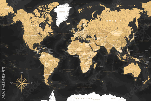 World Map - Highly Detailed Vector Map of the World. Ideally for the Print Posters. Black Golden Beige Retro Style. With Relief and Depth