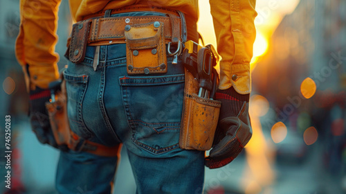 Close-up of construction workers tool belt with various tools on a high-rise construction site.