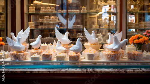 Lifelike white bird figurines nestled among cakes and blooms in a pastry shop window spark curiosity, blending art with confectionery delight.