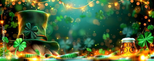 St. Patrick's Day Holiday Promotion Banner. A charming St. Patrick's Day setting featuring a traditional leprechaun hat, beer, gold, pot