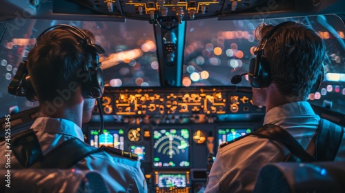 Commercial airline pilots in uniform operating a cockpit with illuminated controls during a night flight.