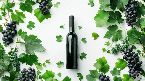 red wine bottle with ripe grapes and vine leaves on white background space