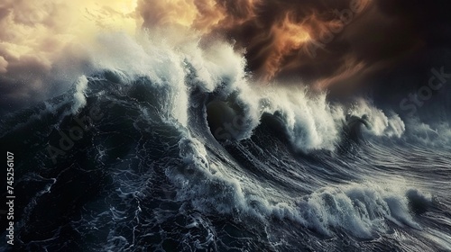 dark stormy sky over the ocean as massive tsunami waves surge, depicting the perfect storm's wrath