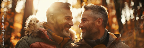 2 men smiling at each other outdoors 