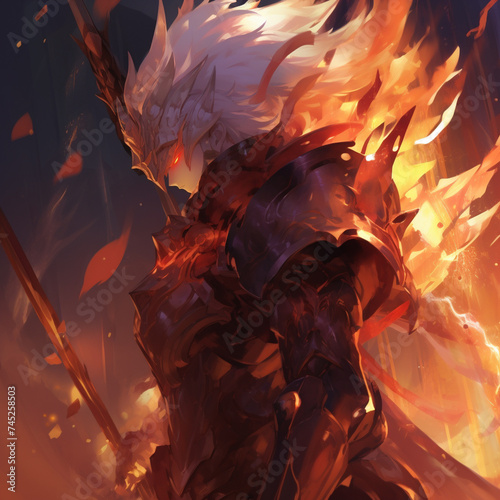 A gallant knight equipped with a flaming spear and an imposing shield standing resolute manga japan fighter