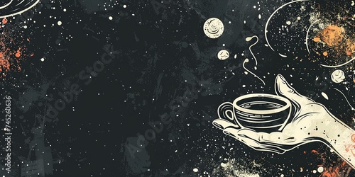Simple line Illustration coffee tea HAND Flying In The Universe black color grunge texture, colorful element, empty space chalkboard banner.