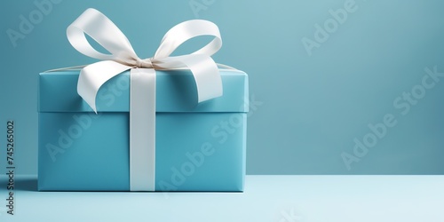 A blue gift box with a white ribbon on a blue background