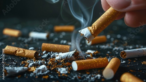 a human hand forcefully crushing a pile of cigarettes symbolizing the determination to quit smoking against a dark background