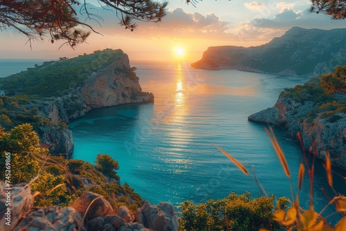 Breathtaking scenery with the sun rising over majestic coastal cliffs and calm blue sea, conveying peace and awe
