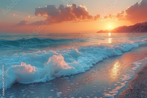 Majestic sunset with foamy waves crashing on a beach, evoking a sense of peace and power