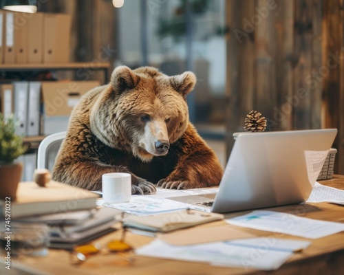A bear in audit meticulously working through spreadsheets on a laptop in a quiet organized office
