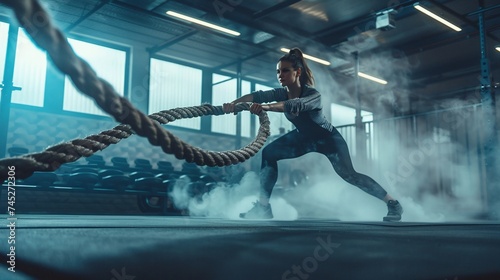 gym scene captures a strong woman executing battle rope exercises with the support of an expert male coach