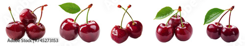 Cherry set PNG. Set of cherries PNG. Red cherry with stem PNG. Red cherries PNG. Wild red cherry isolated. Cherry with a steam and a leaf PNG