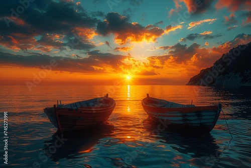 Two wooden boats resting on still waters as the sun rises, casting a beautiful glow over the tranquil sea