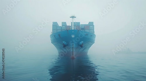 front view from bow of a large blue shipping container ship navigating the vast ocean