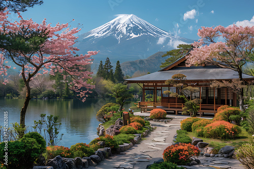 majestically blooming large cherry trees, sakura with a view of Mount Fuji 