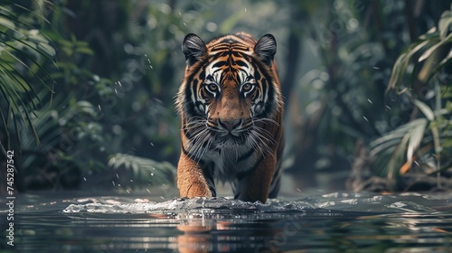 up-close encounter with a wild male tiger in the river, a thrilling glimpse into the world of big cats