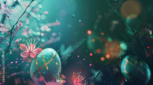 Beautiful festive Easter background with the main attributes of the holiday with copy space. AI Generated