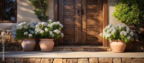 door with small square decorative windows and flower pots
