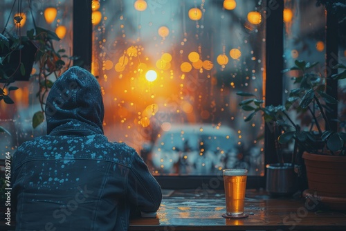 A serene scene of an individual contemplating while looking at raindrops on a restaurant window