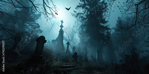 Mystical Cemetery in Foggy Forest with Bats