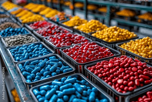 A close-up shot of multiple trays containing colorful capsules in a pharmaceutical manufacturing
