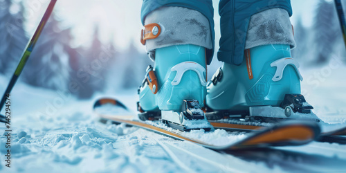 Ready to Ski: Close-up of Ski Boots on Fresh Snow. Skier's feet clad in modern ski boots, against a snowy backdrop with falling snowflakes.