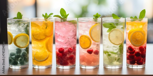 Various sugarfree drink options including herbal teas and sparkling waters. Concept Herbal Teas, Sparkling Waters, Sugar-Free Drinks