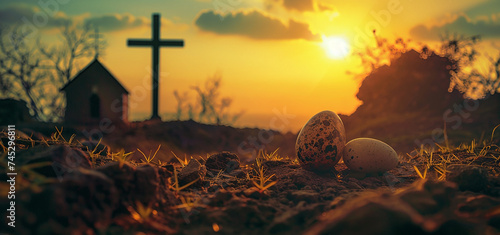 easter religion,jesus christ cross easter resurrection concept christian cross Tomb Empty With Shroud And Crucifixion At Sunrise - Resurrection Of Jesus Christ