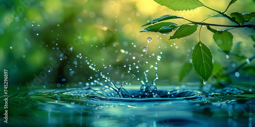 tree forest and water droplet splashing on a green le