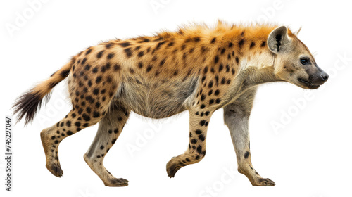 Side view running hyena isolated on white or transparent background, png clipart, design element. Easy to place on any other background.