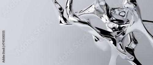 3d render of abstract art with surreal 3d organic curve wavy smooth and soft bio forms in matte aluminium metal material or chrome parts on grey background. Abstract designs and polished metal. 
