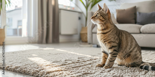 Cute cat indoors sitting on a carpet on blur living room background.
