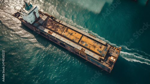 an aerial view of a construction barge by a river
