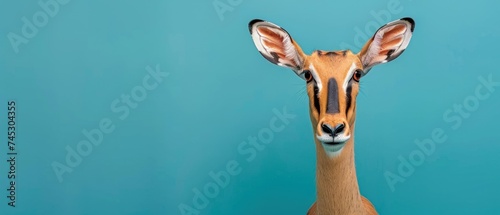 a close - up of a gazelle's head against a blue background with a small amount of light coming from its eyes.