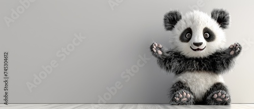a black and white panda bear standing on its hind legs with its paws in the air and eyes wide open.