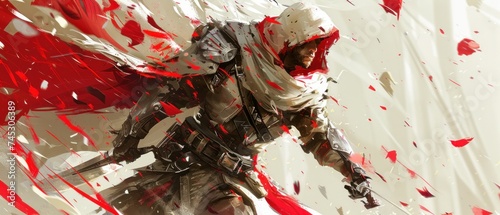 a digital painting of a man with a sword in his hand and red paint all over his body and face.