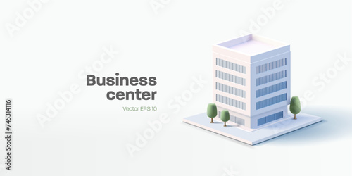 Business center building 3d render illustration with windows and trees, simple icon white colours