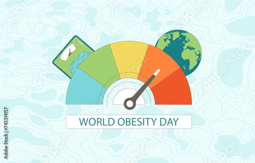World obesity day banner template. BMI sign with scale and globe. Vector flat illustration