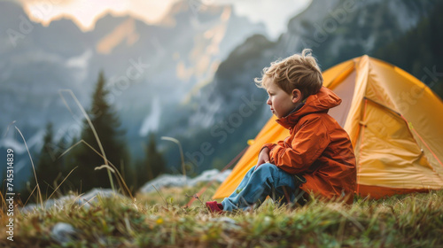 Child traveling with camping tent gear active family vacations kid hiking outdoor healthy lifestyle adventure trip exploring mountains