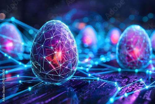 Easter eggs with futuristic technology on blue neon background.